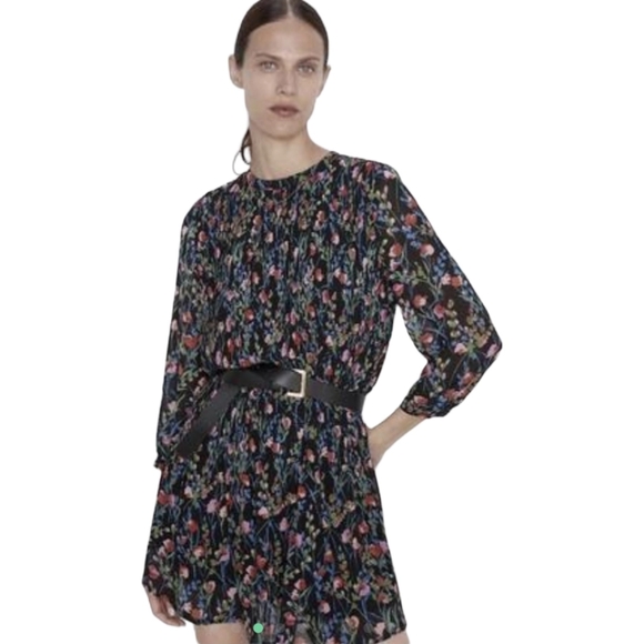 ZARA Floral Annie Long Sleeve Pleated Mini Dress - Picture 2 of 8